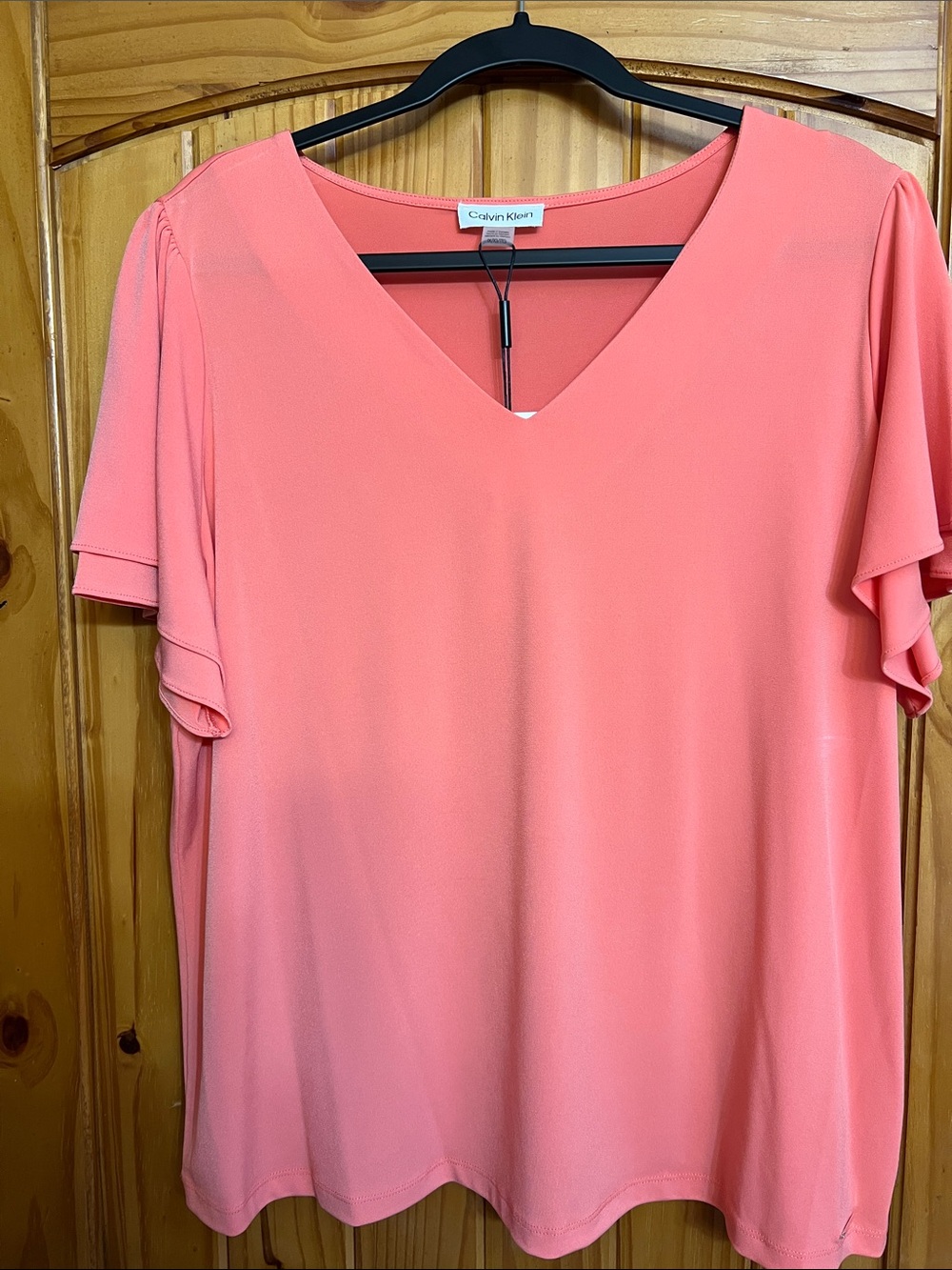 Calvin Klein Coral Pink V-Neck Flutter Sleeve Blouse